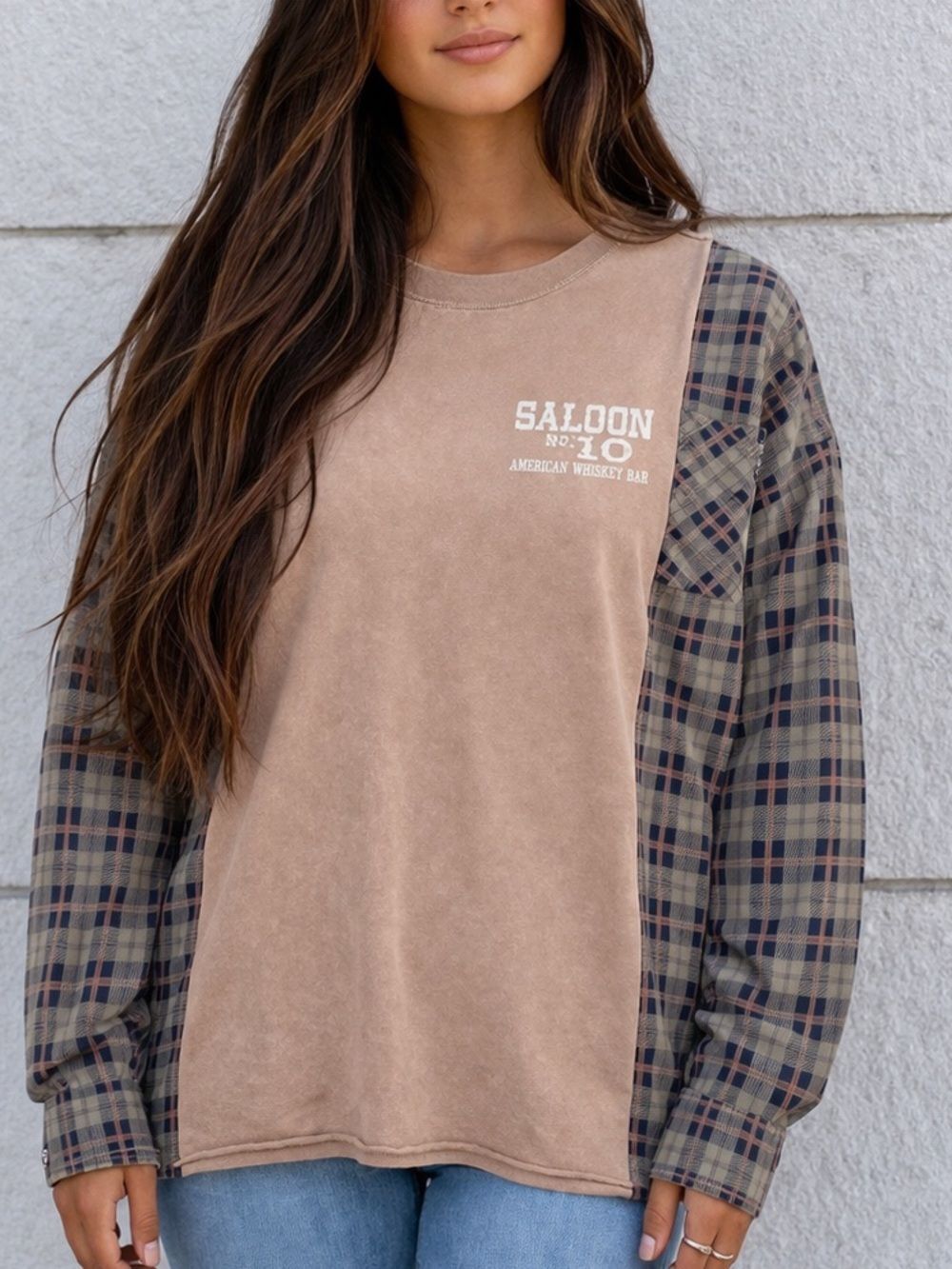 Upcycled Saloon Long sleeve Plaid Relaxed Casual Two Tone Shirt Top